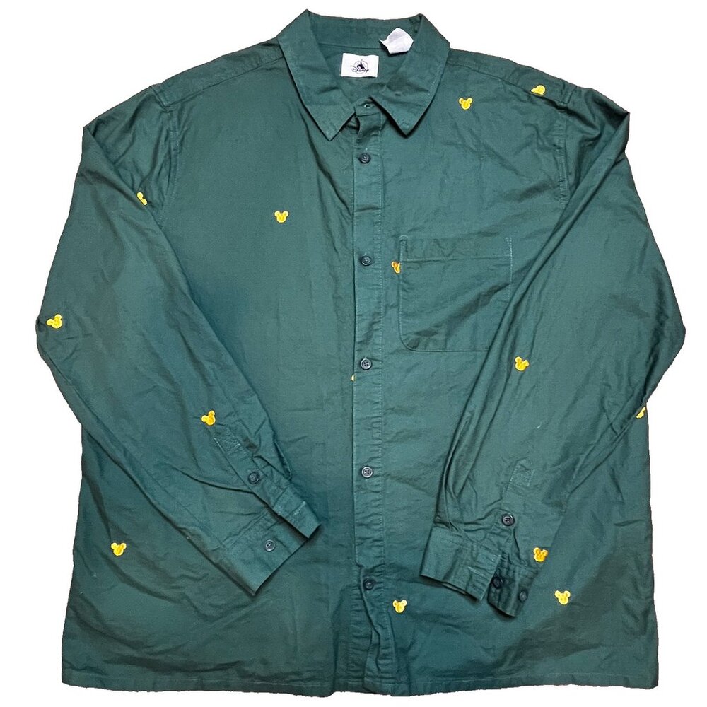 Disney Shirt Mens XXL Green Embroidered Yellow Mickey Mouse Casual Button Up